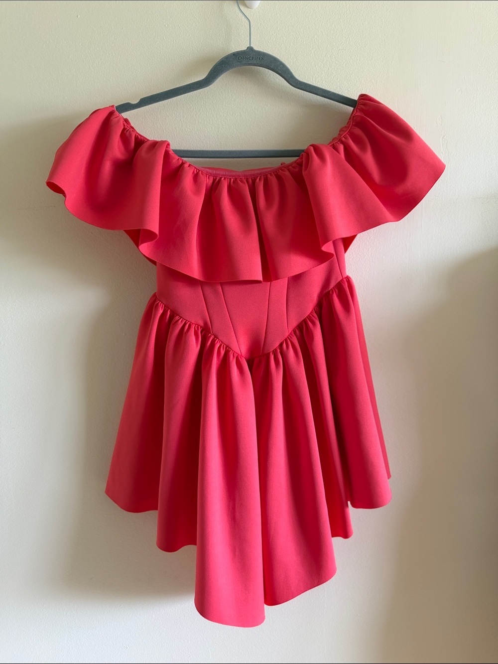 Off-Shoulder Ruffle Skater mini Dress in Bright Coral Pink